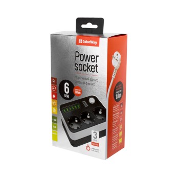 10 A | Power Socket :3 EU plugs/6USB Blac | CW-CHE36B | Black | 1.8 m