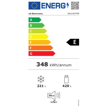 LG Refrigerator | GSLC41PYPE | Energy efficiency class E | Free standing | Side by side | Height 179 cm | Fridge net capacity 420 L | Freezer net capacity 221 L | Display | 36 dB | Grey